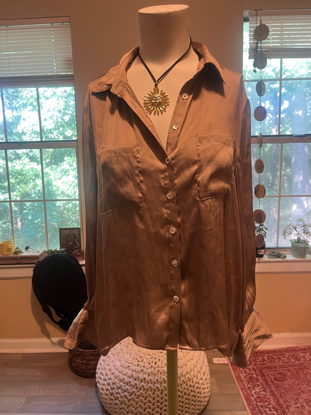 The Reset Satin Button-Down Shirt in Warm Brown